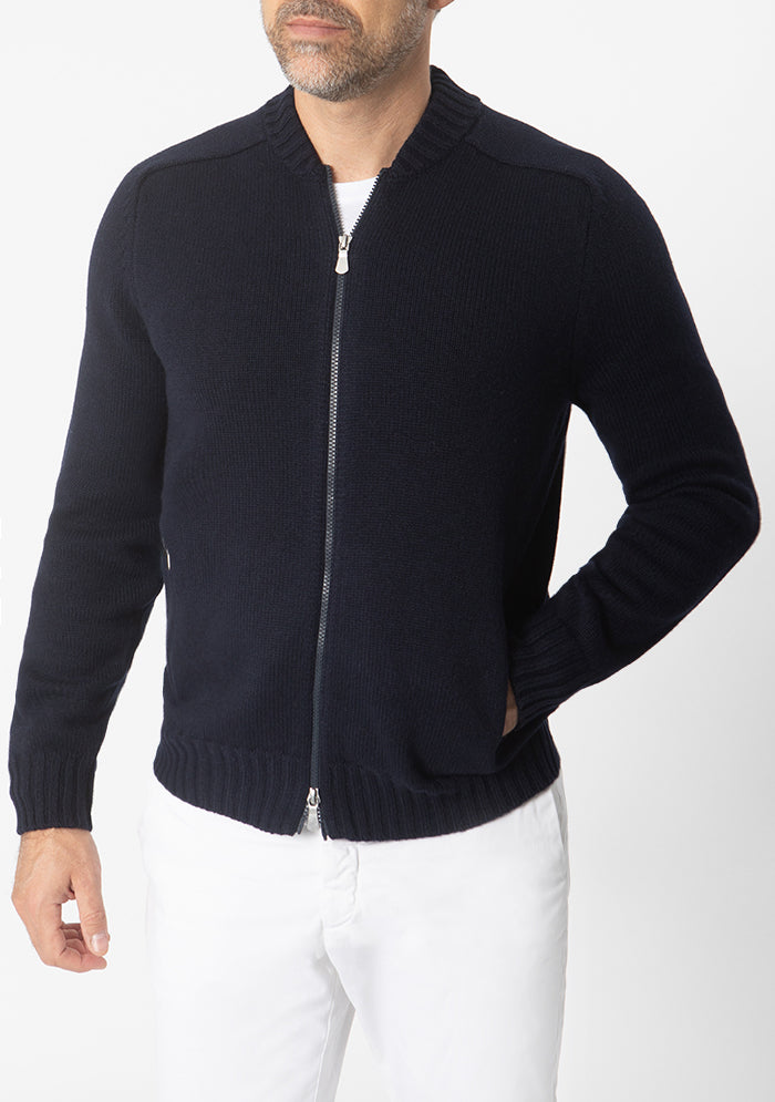 Men's Cervinia wool knitted bomber cardigan in navy, worn, Addison Geneva #color_BLU