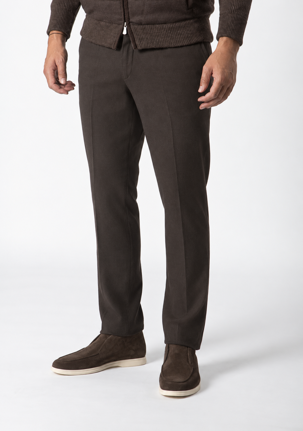 Men's Courmayeur Devore Cotton & Cashmere Twill Trousers in dark brown, worn, with front crease, Addison Geneva #color_moro