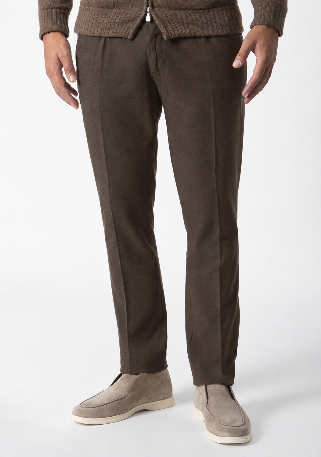 Men's Courmayeur Devore Peach-Skin Cotton Trousers in dark brown, styled with suede loafers, Addison Geneva #color_MORO