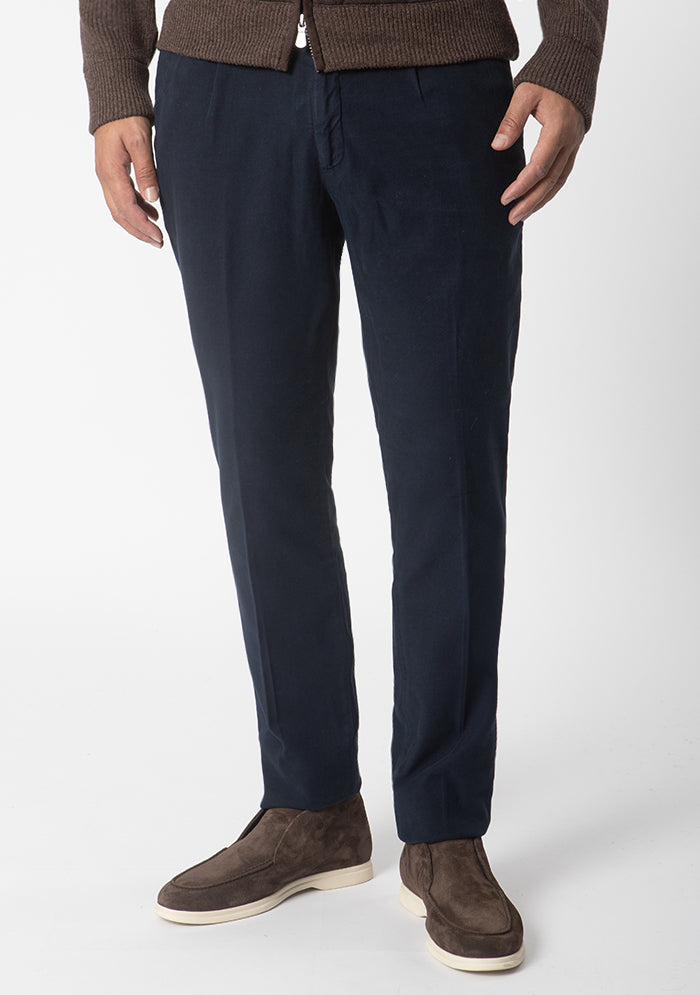 Men's Courmayeur Devore Peach-Skin Cotton Trousers in navy, worn, Addison Geneva #color_NAVY