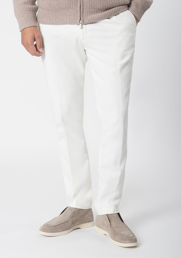 Men's Courmayeur Devore Peach-Skin Cotton Trousers in white, lace-up waist, Addison Geneva #color_BIANCO