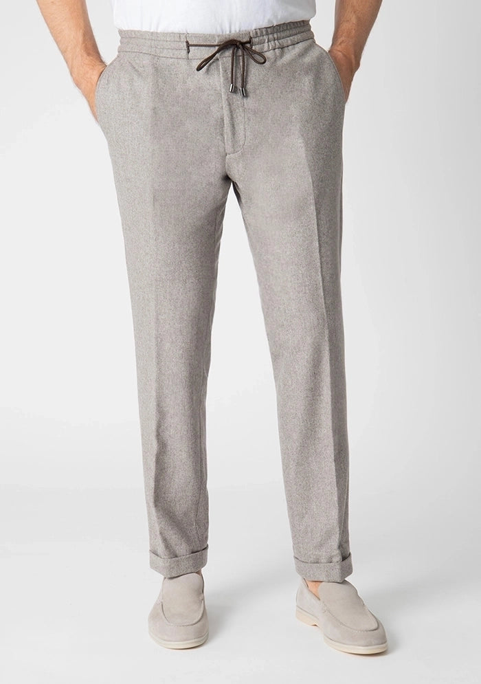 Men's Flannel Laces Trousers in beige, worn, lace-up waist, Addison Geneva #color_beige
