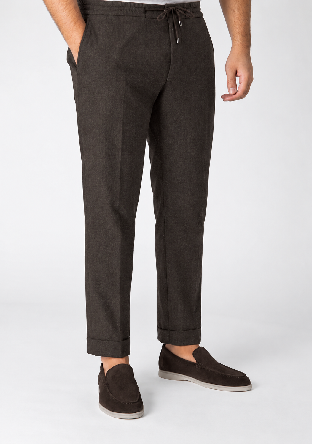 Men's Flannel Laces Trousers in brown, styled with loafers, Addison Geneva #color_brown
