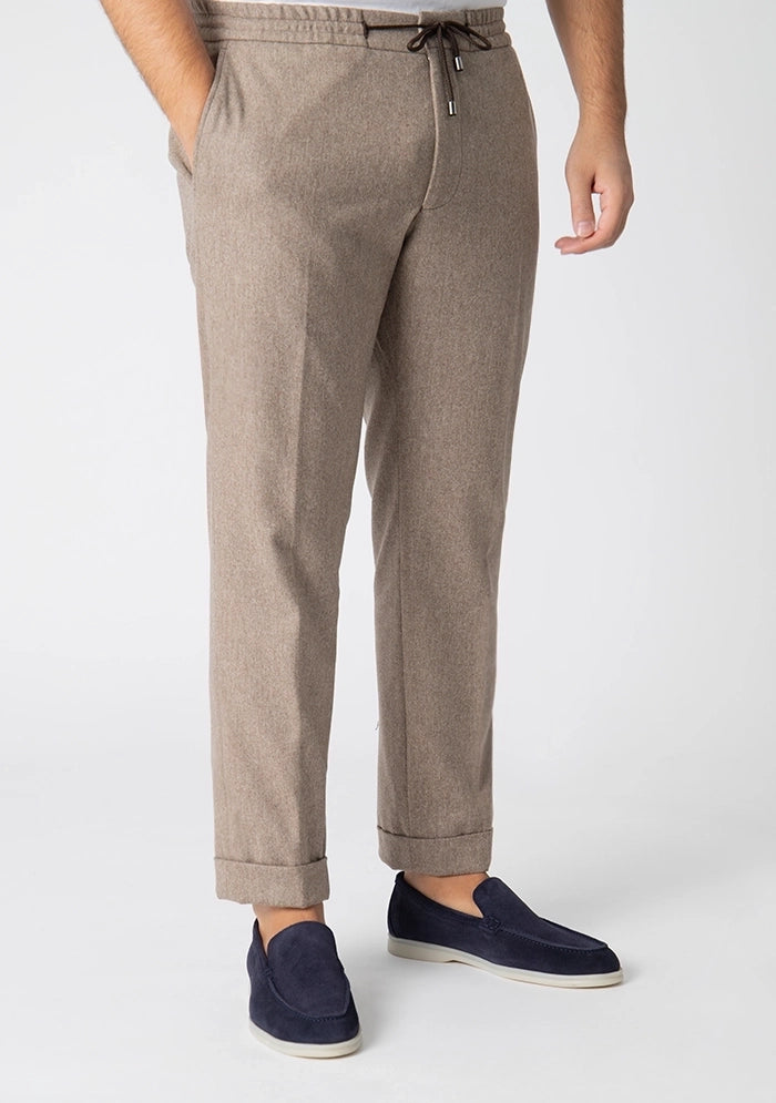 Men's Flannel Laces Trousers in camel, worn, lace-up waist, Addison Geneva #color_camel