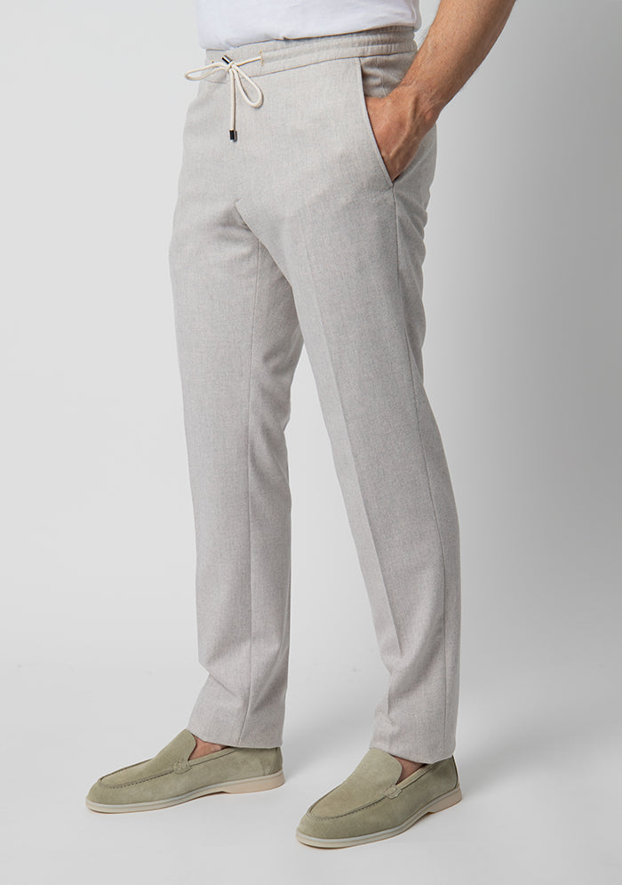 Men's Flannel Laces Trousers in ivory, worn, lace-up waist, Addison Geneva #color_ivory