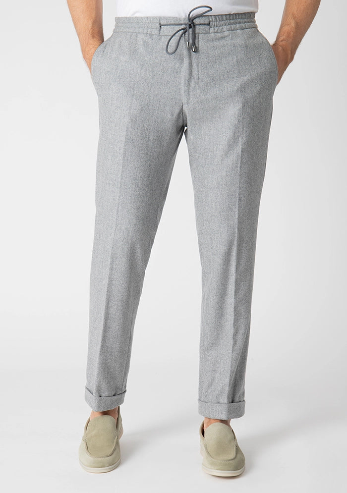 Men's Flannel Laces Trousers in light grey, worn, lace-up waist, Addison Geneva #color_lt grey