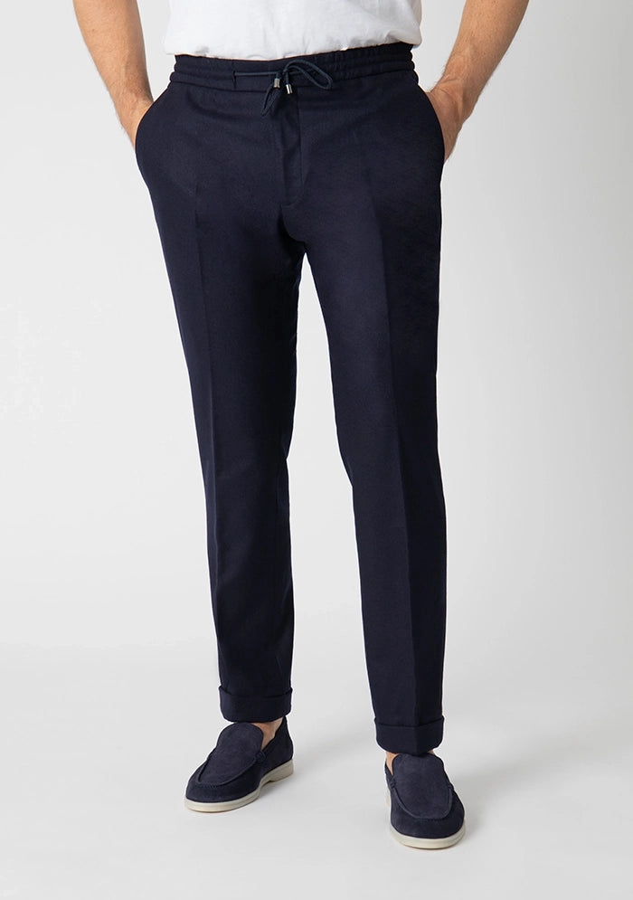 Men's Flannel Laces Trousers in navy, worn, lace-up waist, Addison Geneva #color_navy