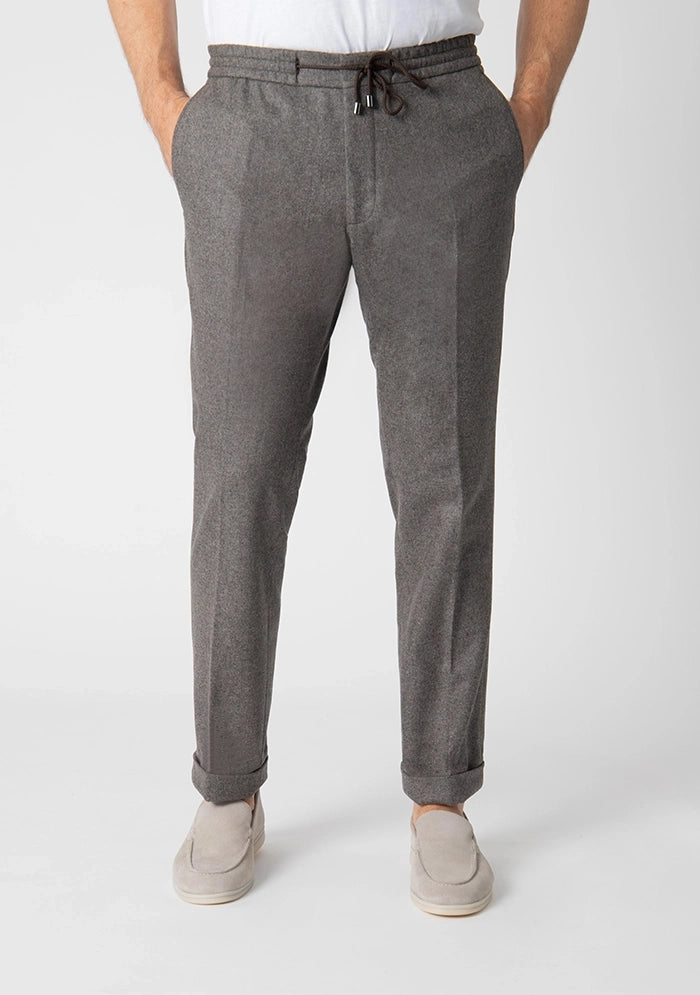 Men's Flannel Laces Trousers in taupe, worn, lace-up waist, Addison Geneva #color_taupe