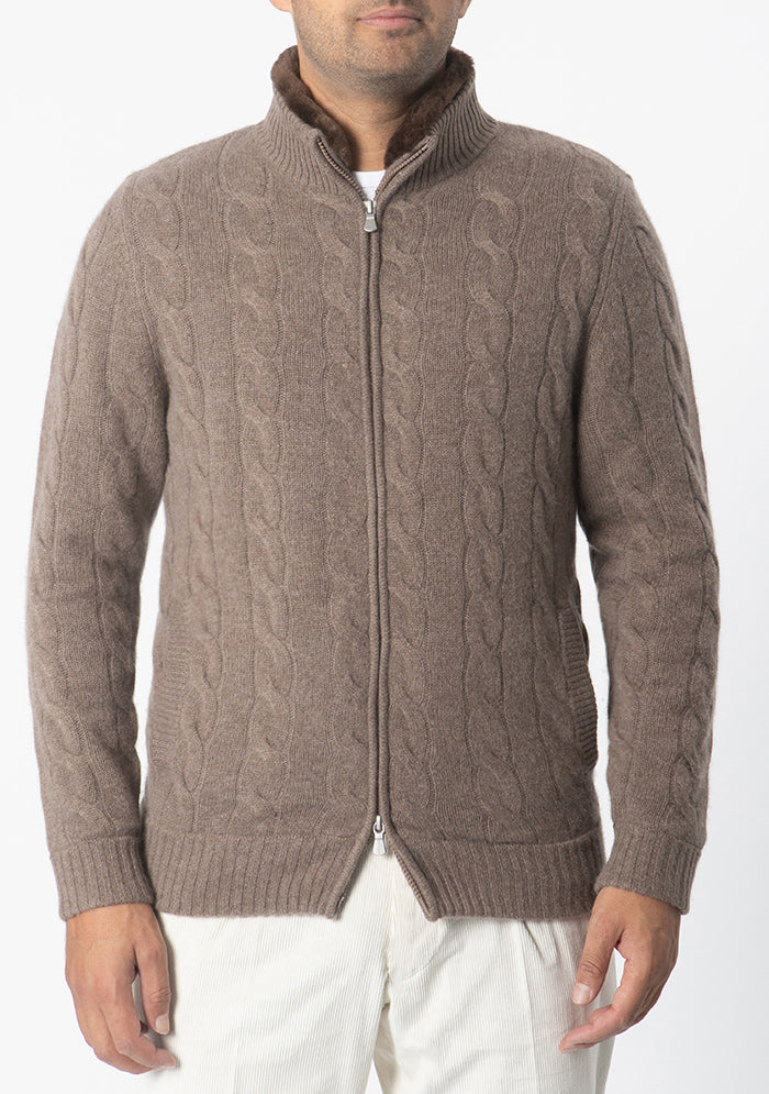 Men's baby cashmere cable-knit cardigan in brown, worn, Addison Geneva #color_MARRON