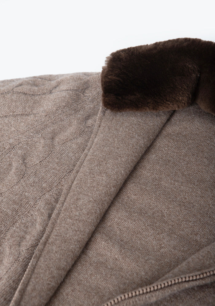 Men's baby cashmere cable-knit cardigan, Addison Geneva #color_MARRON