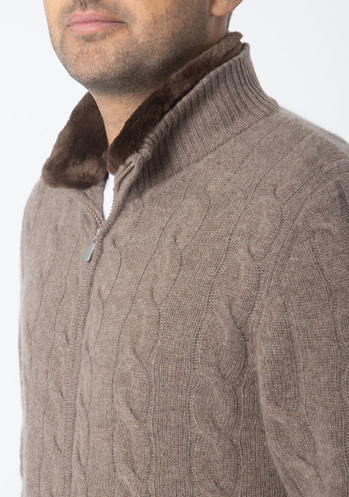 Men's baby cashmere cable-knit cardigan, Addison Geneva #color_MARRON