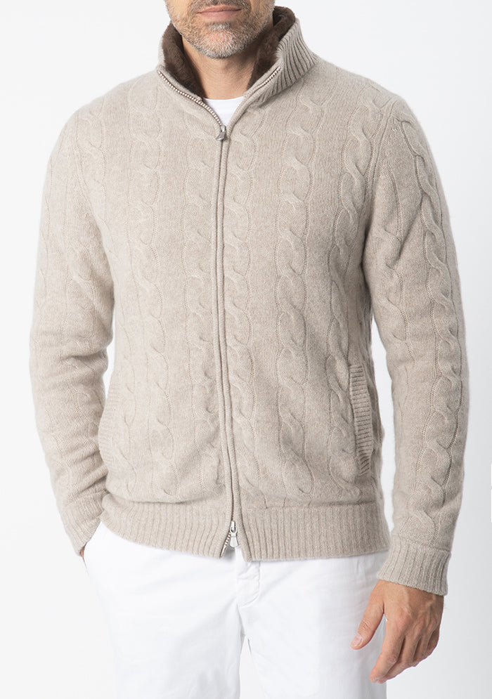 Men's baby cashmere cable-knit cardigan, Addison Geneva #color_BEIGE