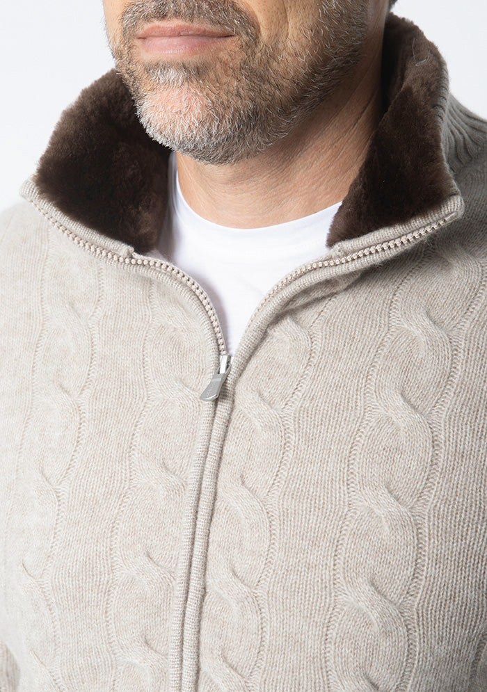 Men's baby cashmere cable-knit cardigan, Addison Geneva #color_BEIGE