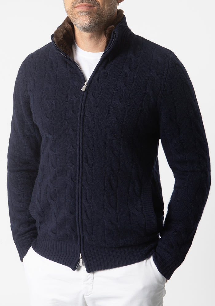 Men's baby cashmere cable-knit cardigan, Addison Geneva #color_marine