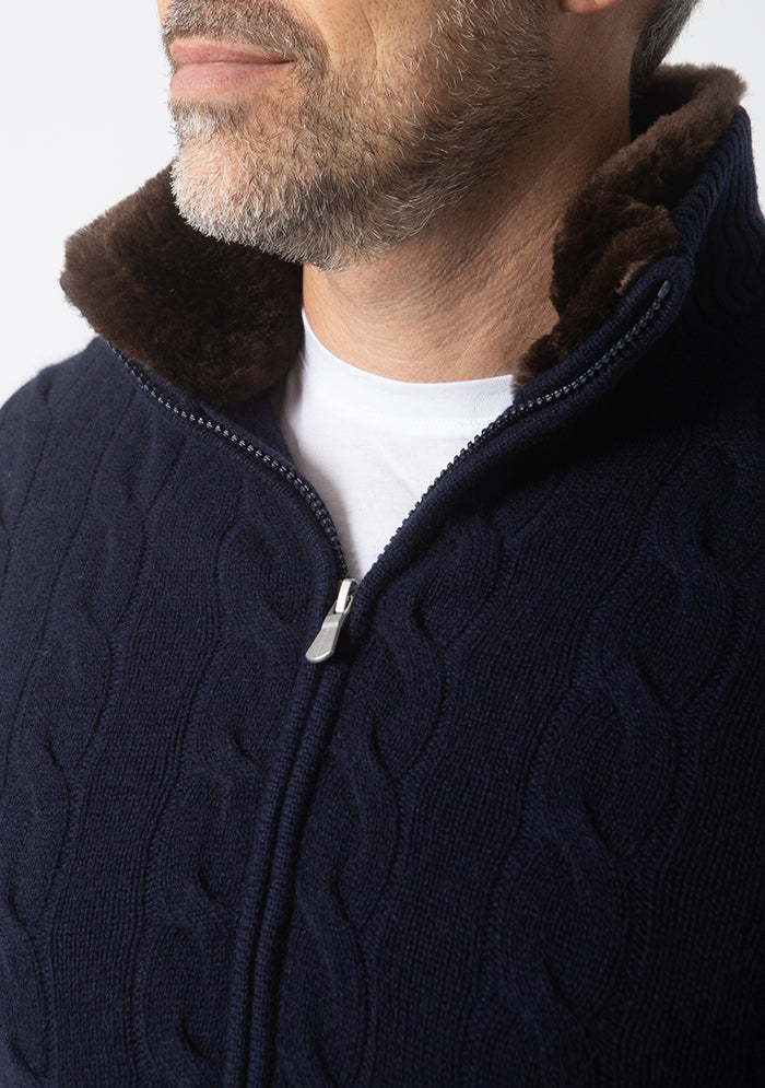 Men's baby cashmere cable-knit cardigan, Addison Geneva #color_marine