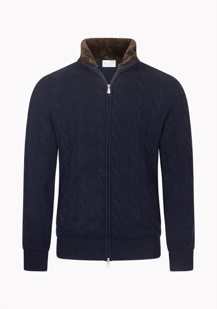 Men's baby cashmere cable-knit cardigan in navy, Addison Geneva #color_MARINE