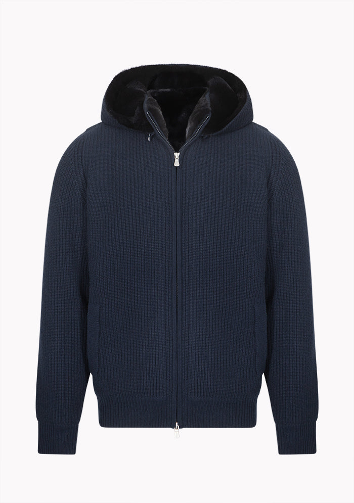 Men's St. Moritz cashmere cardigan, Rex fur and hood detail, Addison Geneva
