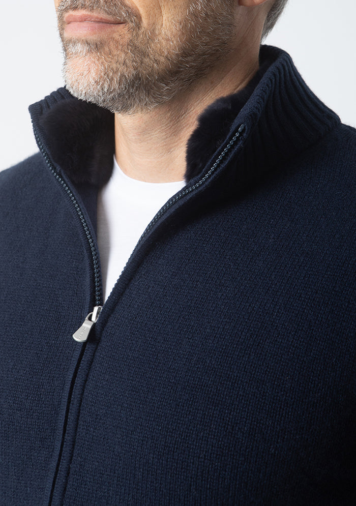 Men's Zermatt Italian cashmere cardigan with removable Rex fur collar, Addison Geneva