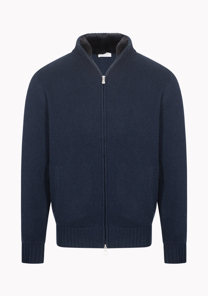 Men's Zermatt Italian cashmere cardigan with removable Rex fur collar, Addison Geneva #color_navy