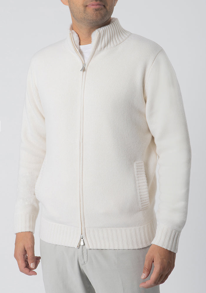 Men's Zermatt Italian cashmere cardigan with removable Rex fur collar, Addison Geneva