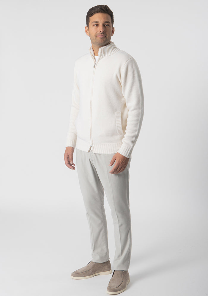 Men's Zermatt Italian cashmere cardigan with removable Rex fur collar, Addison Geneva