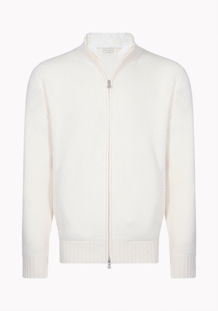 Men's Zermatt Italian cashmere cardigan with removable Rex fur collar, Addison Geneva #color_chalk