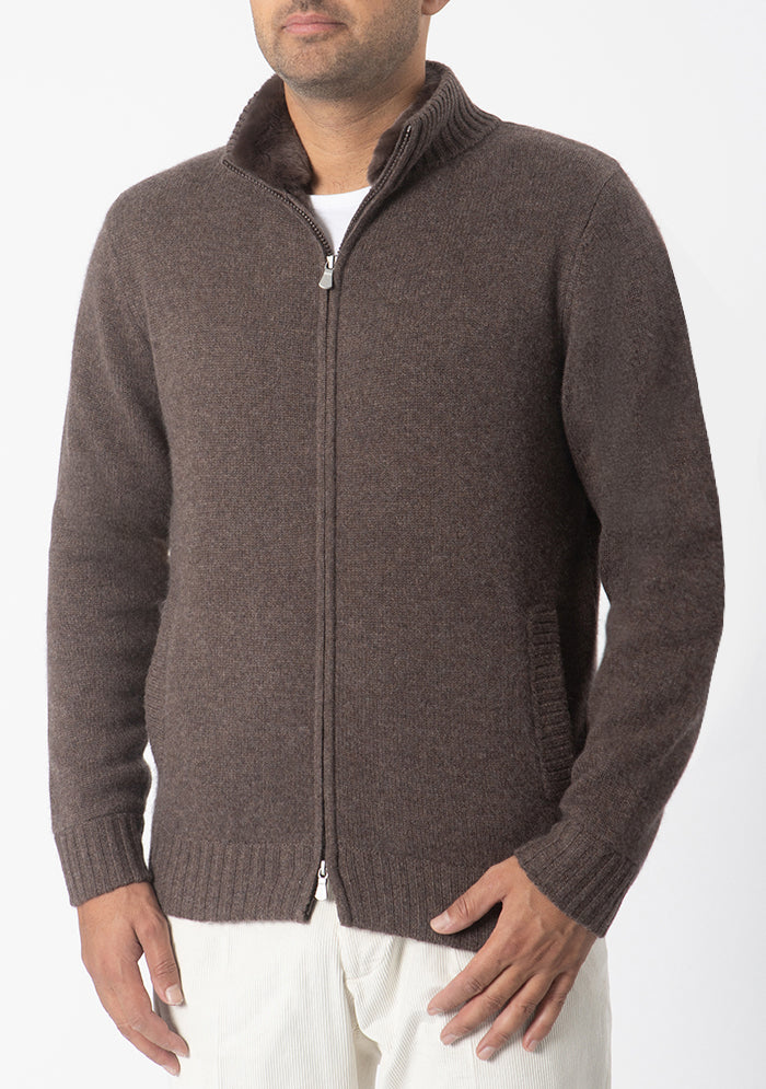 Men's Zermatt Italian cashmere cardigan with removable Rex fur collar, Addison Geneva