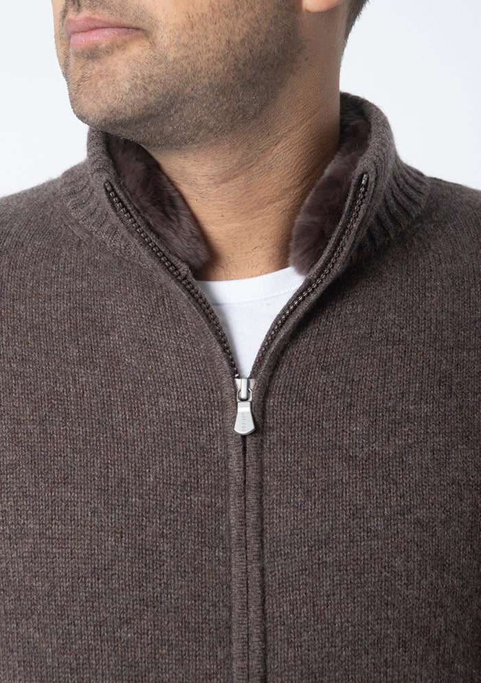 Men's Zermatt Italian cashmere cardigan with removable Rex fur collar, Addison Geneva
