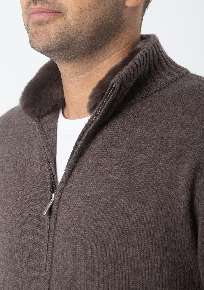 Men's Zermatt Italian cashmere cardigan with removable Rex fur collar, Addison Geneva