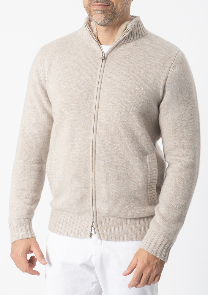 Men's Zermatt Italian cashmere cardigan with removable Rex fur collar, Addison Geneva