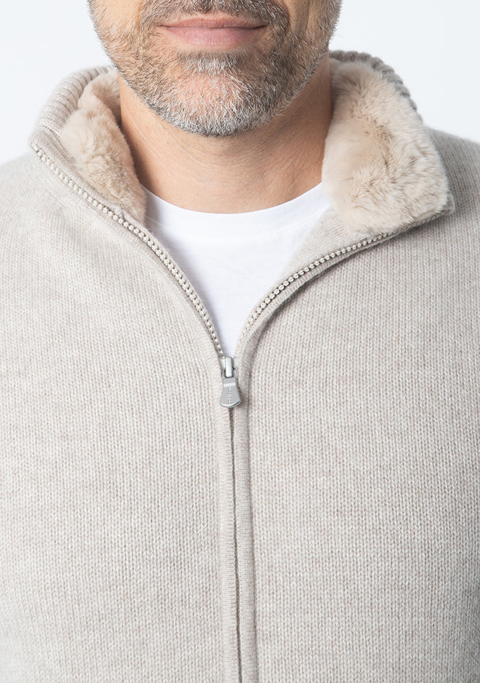 Men's Zermatt Italian cashmere cardigan with removable Rex fur collar, Addison Geneva