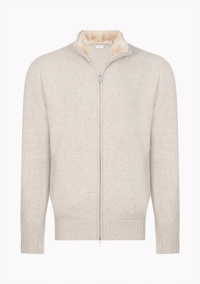 Men's Zermatt Italian cashmere cardigan with removable Rex fur collar, Addison Geneva #color_millet