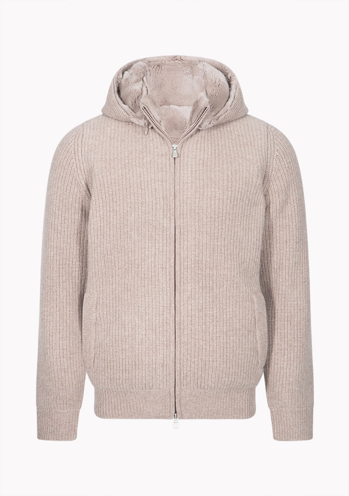 Men's St. Moritz cashmere cardigan with Rex fur lining and removable hood, Addison Geneva