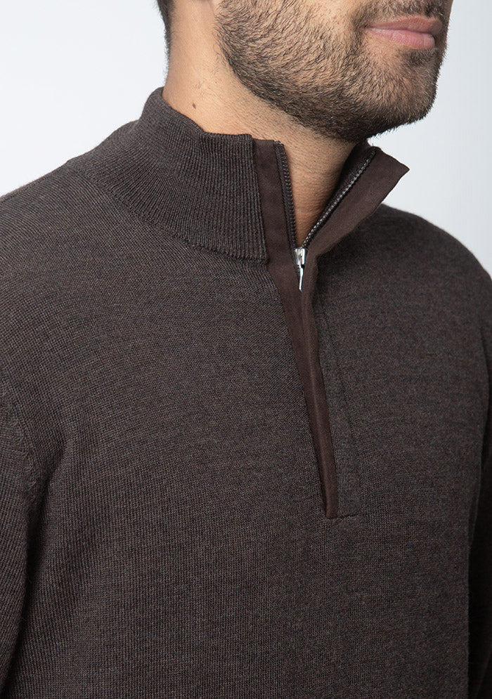 Brown Biella Merino half-zip, Alcantara zip collar detail #color_brown