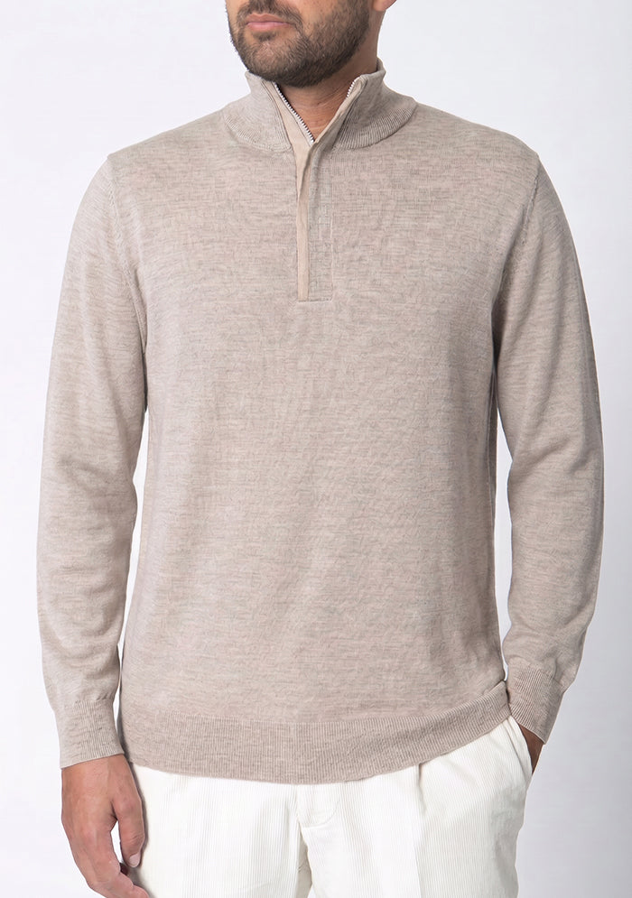 Biella beige half-zip sweater in 100% Italian Merino wool, Addison Geneva #color_beige