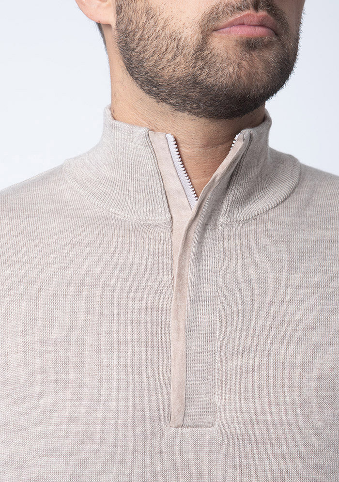 Beige Biella Merino half-zip, Alcantara zip collar detail #color_beige
