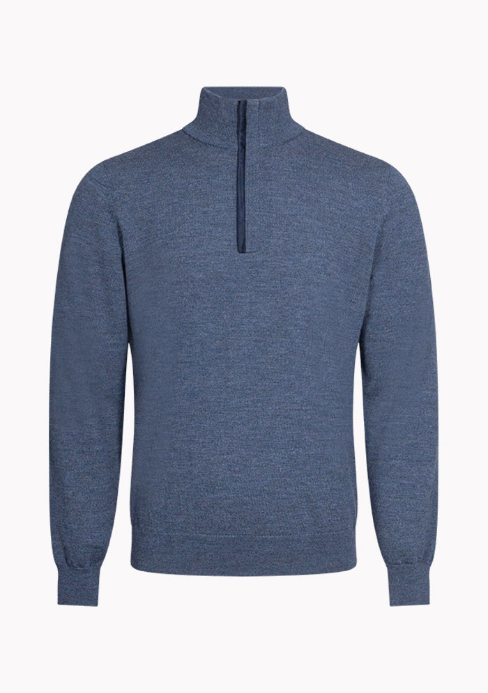 Men's denim blue Merino wool half-zip sweater with Alcantara-trimmed zip, Biella #color_denim