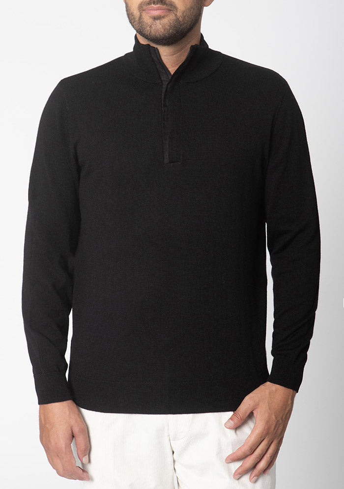 Biella black half-zip sweater in 100% Italian Merino wool, Addison Geneva #color_nero