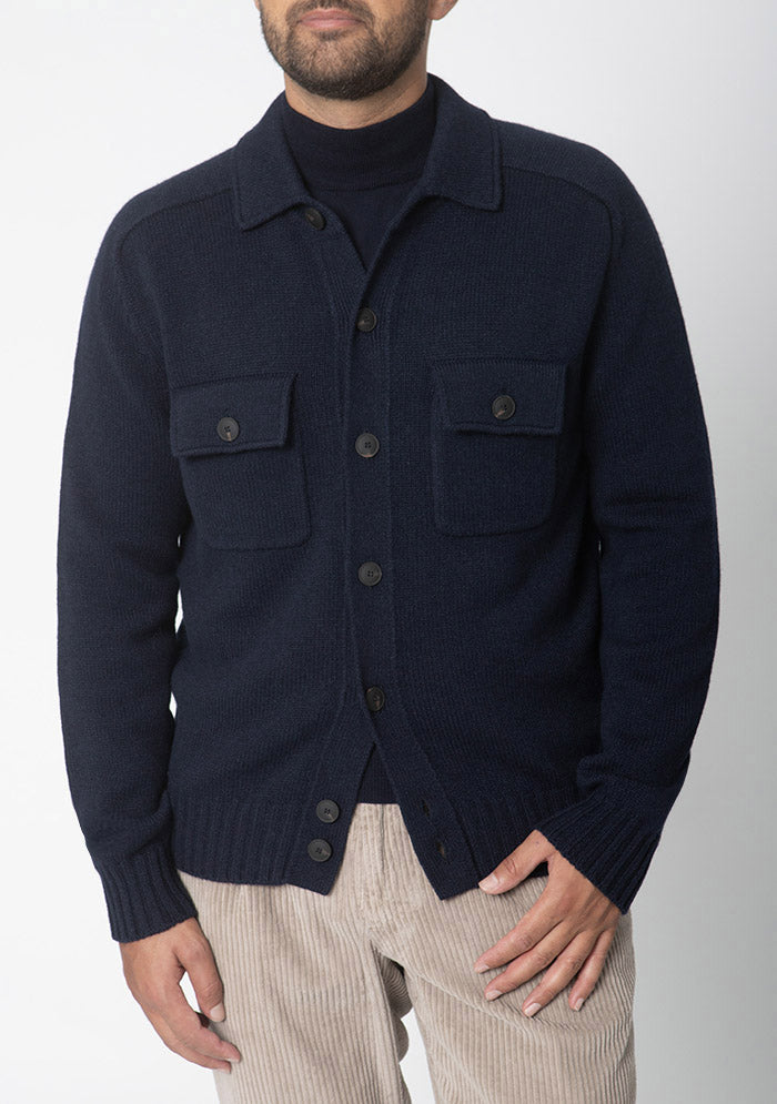 Arezzo navy Merino wool cardigan with shirt collar, Addison Geneva #color_blu