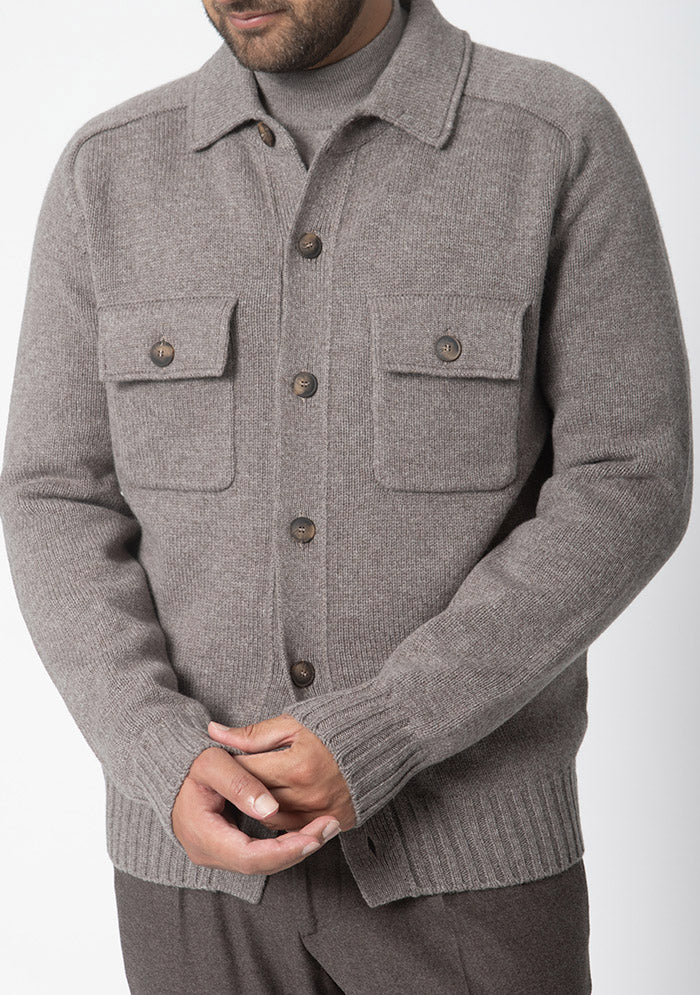 Arezzo tortora Merino wool cardigan with shirt collar, Addison Geneva #color_tortora