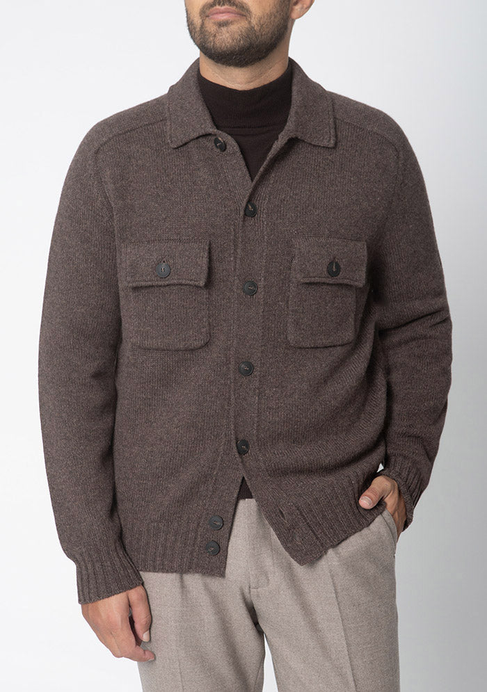 Arezzo brown Merino wool cardigan with shirt collar, Addison Geneva #color_moro
