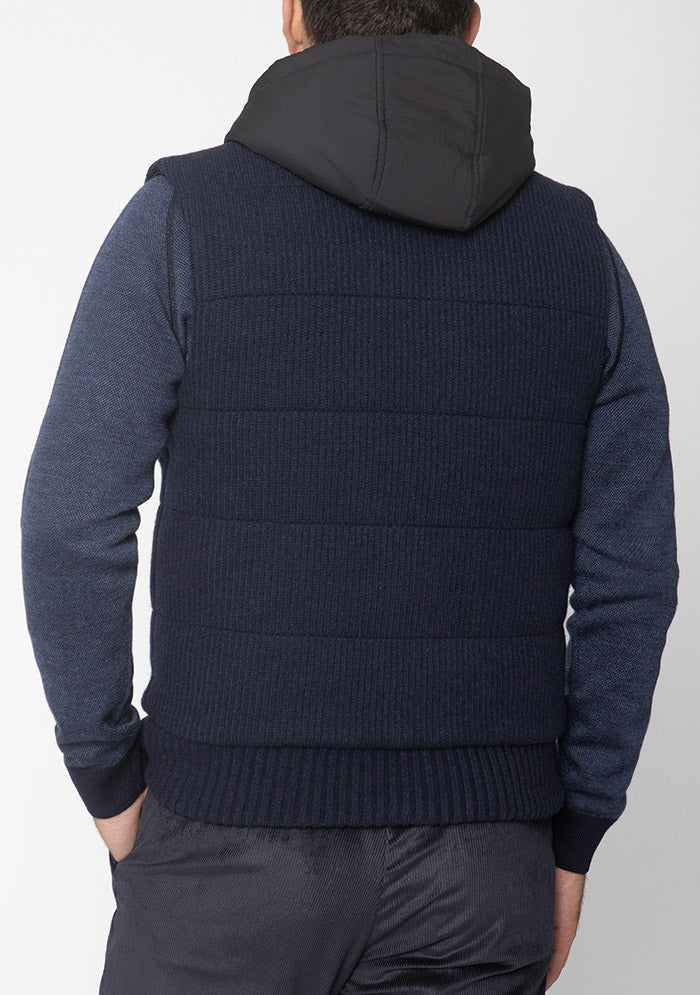 Navy sleeveless wool gilet with hood for men #color_blu