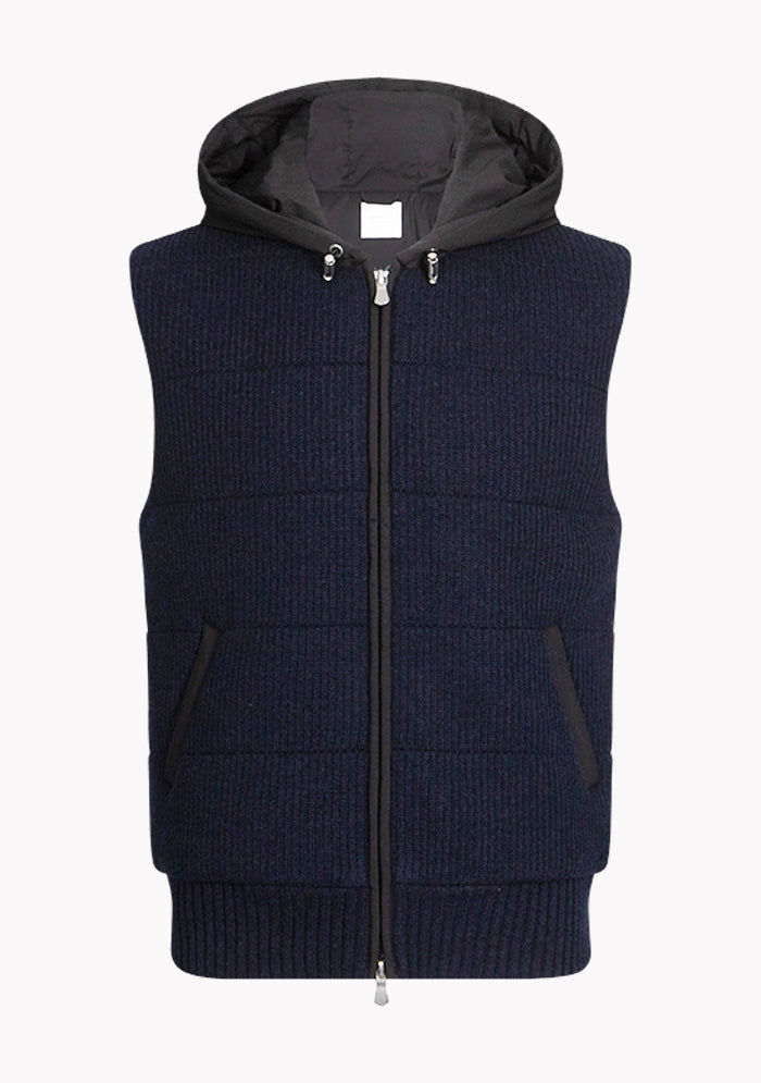 Men's hooded wool gilet in navy, Courmayeur by Addison Geneva #color_blu
