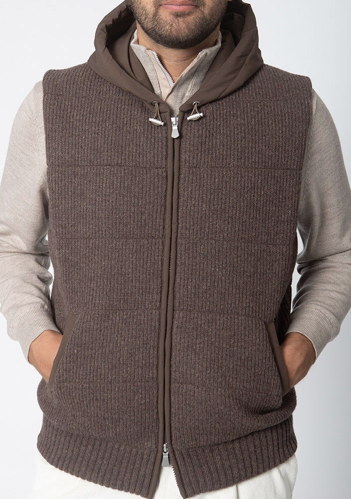 Courmayeur hooded vest in dark brown Italian wool with technical hood #color_moro