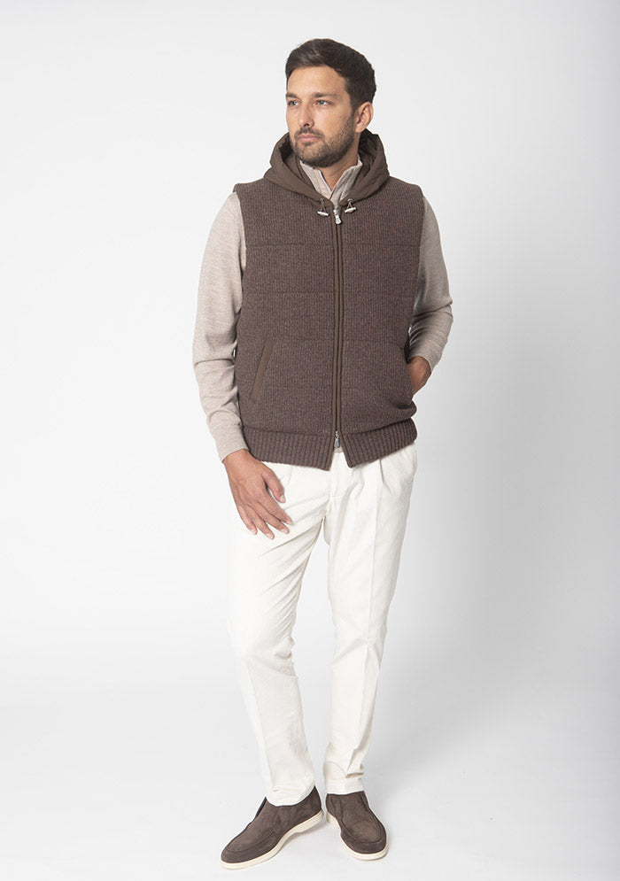 Luxury hooded gilet in dark brown 100% Italian wool, Courmayeur #color_moro