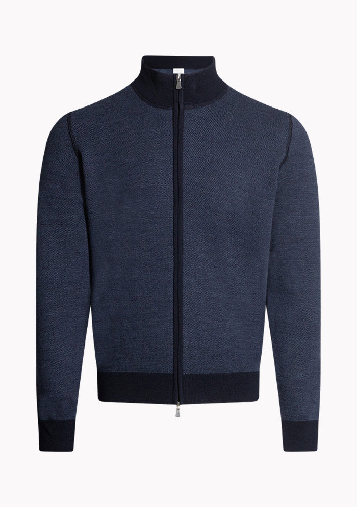Men's navy Vicenza Merino wool full-zip cardigan with contrast trims, made in Italy #color_blu