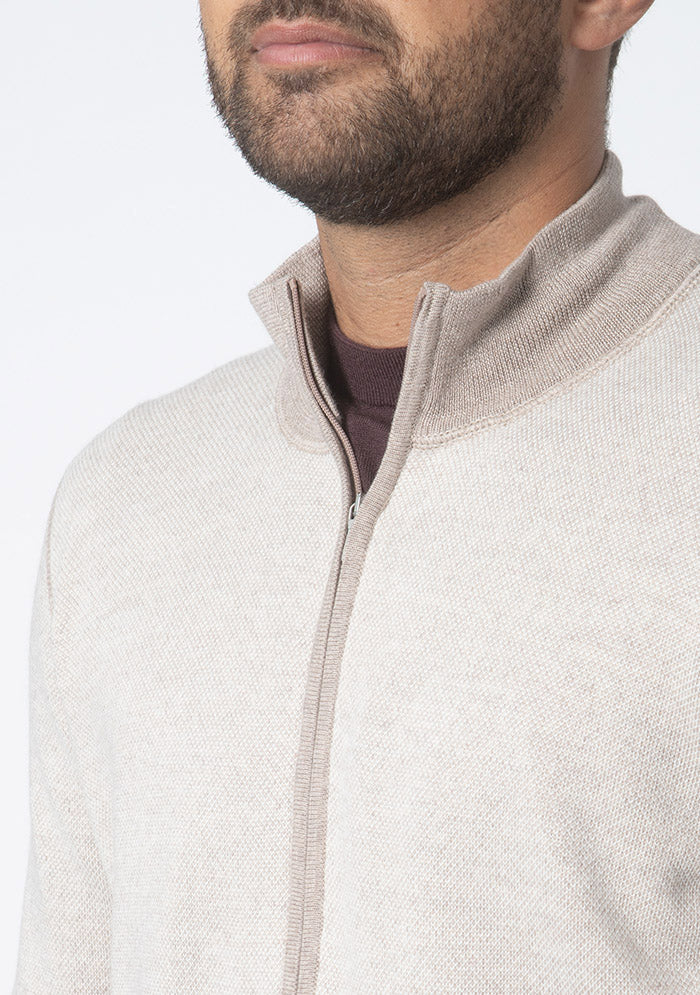 Beige Vicenza Merino cardigan, zip collar and contrast ribbed trim detail #color_beige