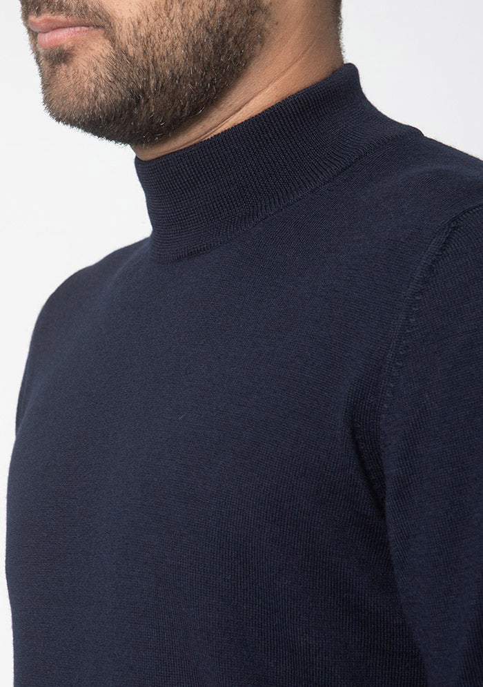 Navy Stresa Merino roll neck, fine knit collar detail #color_blu