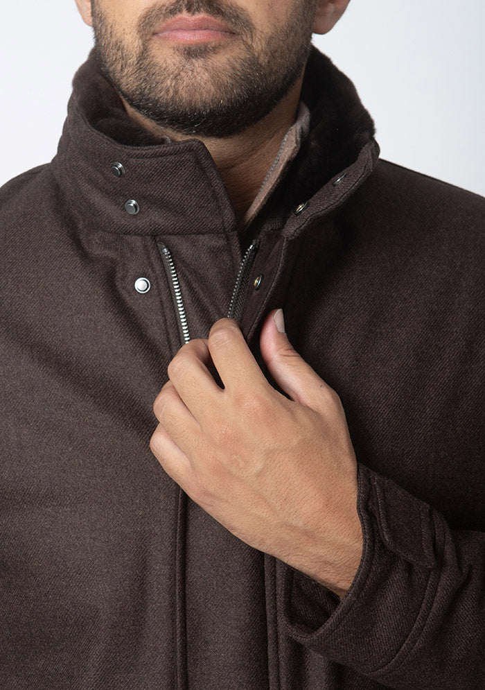 Luxury men's dark brown winter parka in wool and cashmere, Verona #color_MORO