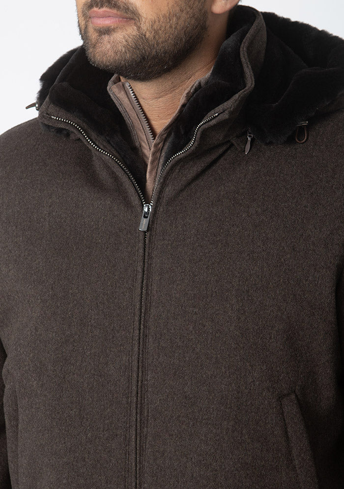 Tiberio brown bomber with removable Rex fur hood, made in Italy #color_brown
